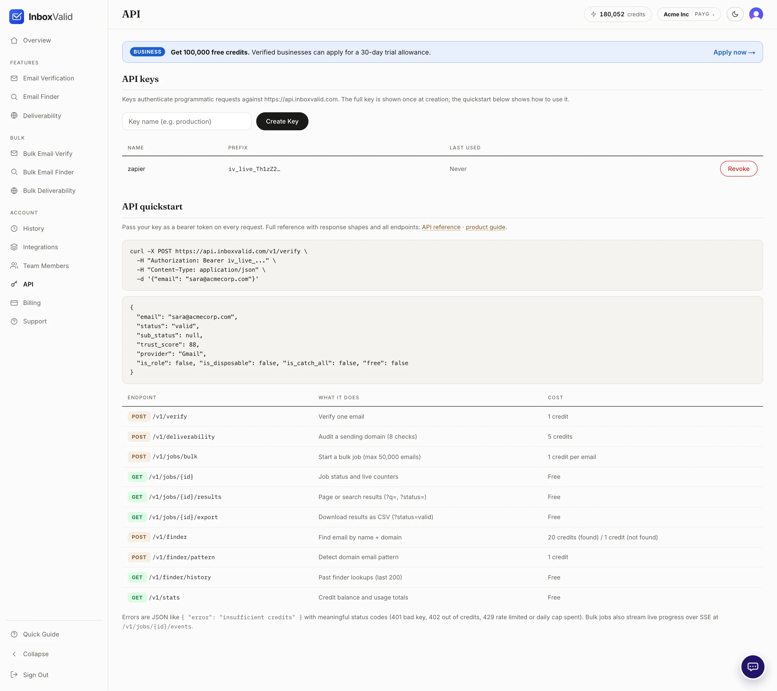 The API page of the dashboard: a key name field with a Create Key button, a table of existing keys with Revoke buttons, and a curl quickstart below.