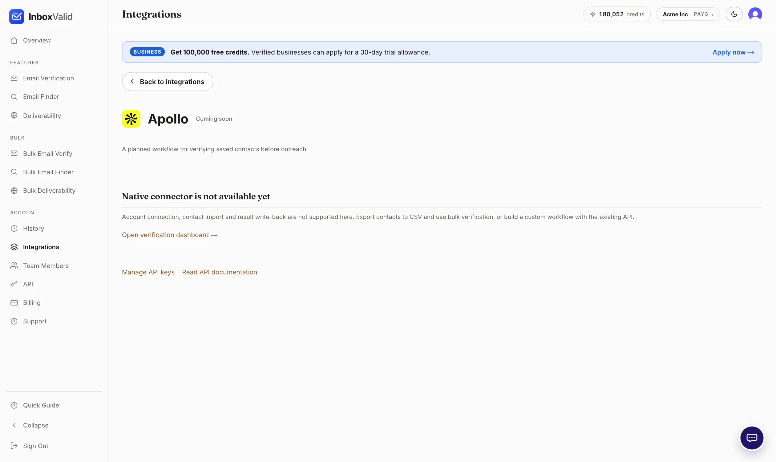 The Apollo integration page in the dashboard, marked Coming soon, with a notice that the native connector is not available yet.