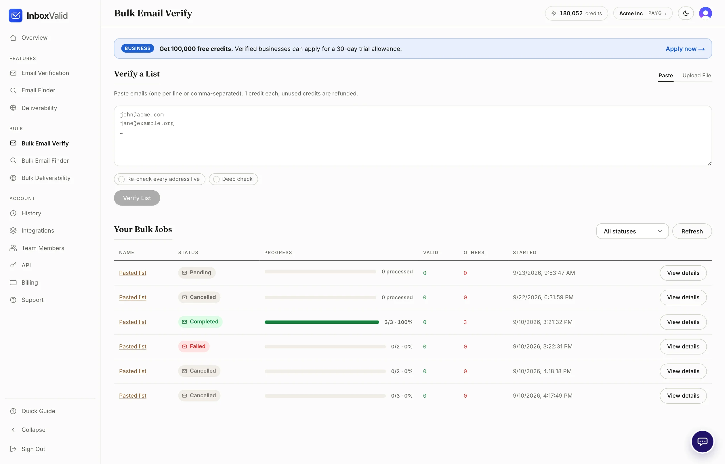 The Bulk Email Verify page: a paste box with Paste and Upload File tabs, a Verify List button, and the Your Bulk Jobs table with pending, cancelled, completed and failed jobs.