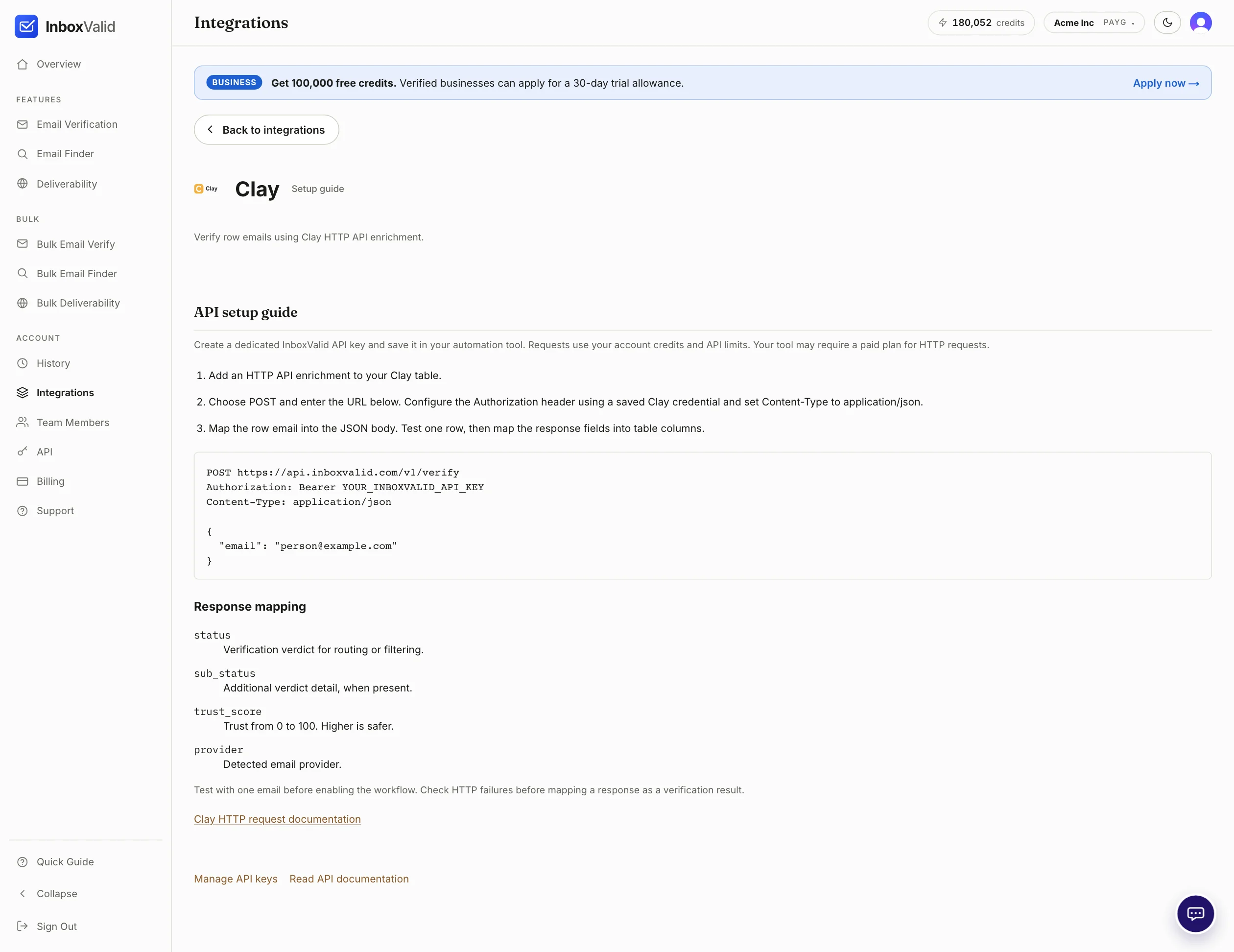 The Clay setup guide in the dashboard: three numbered steps, the POST request block, and the response mapping list.