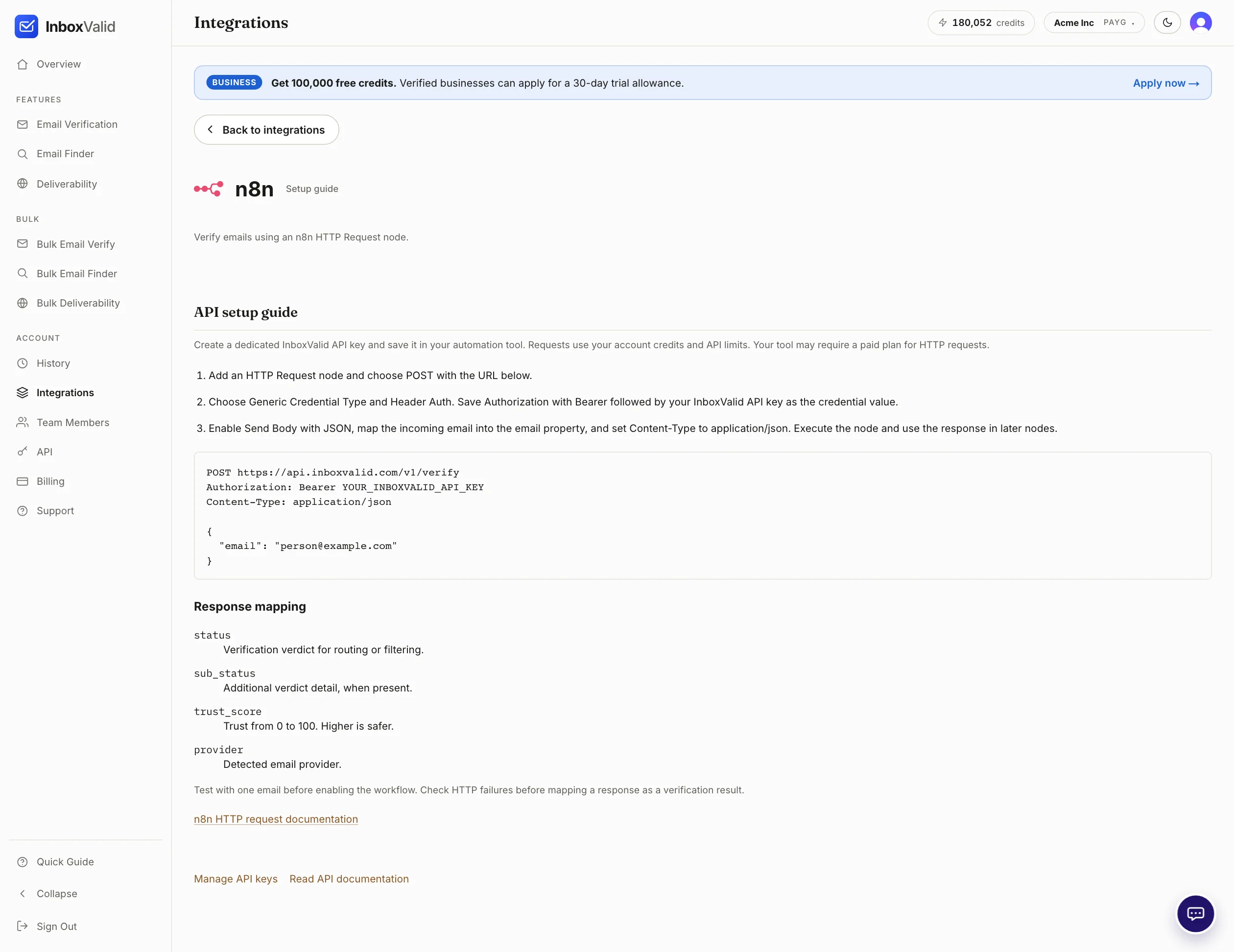 The n8n setup guide in the dashboard: three numbered steps covering the HTTP Request node, Header Auth and the JSON body, plus the request block and response mapping.