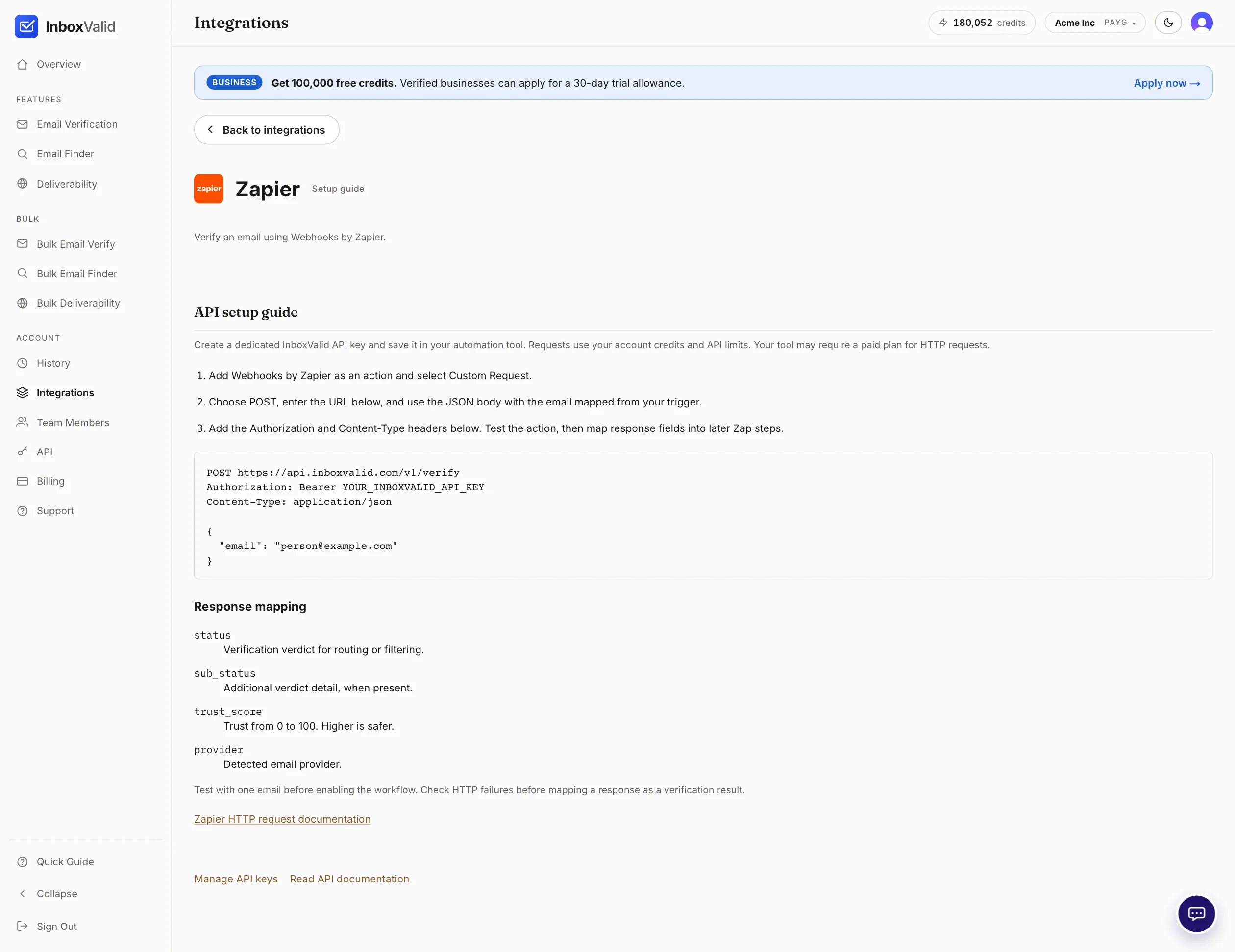 The Zapier setup guide in the dashboard: three numbered steps, the POST request with Authorization and Content-Type headers, and the response mapping list.